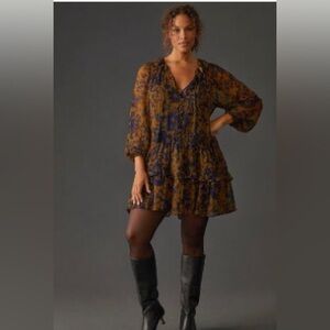 Anthropologie Marais Printed Chiffon mini dress in green motif